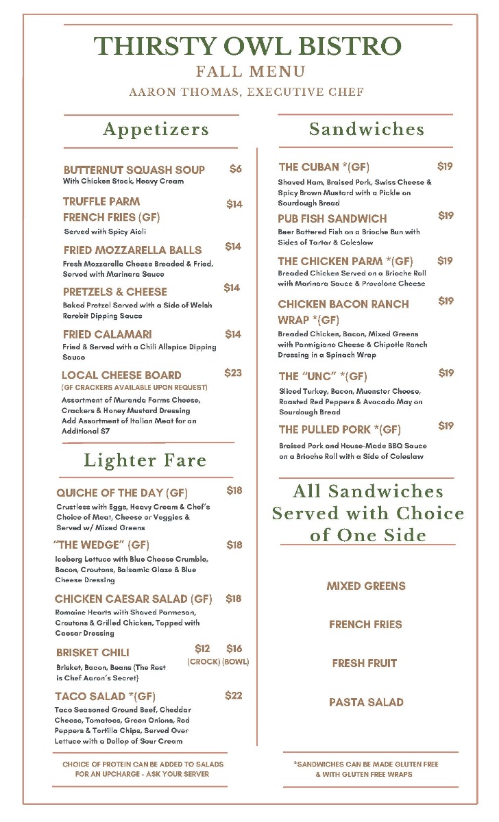 Thirsty Owl Bistro Fall Menu Page 1